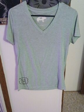 Light Mint V-Neck Tee with Pig Motif